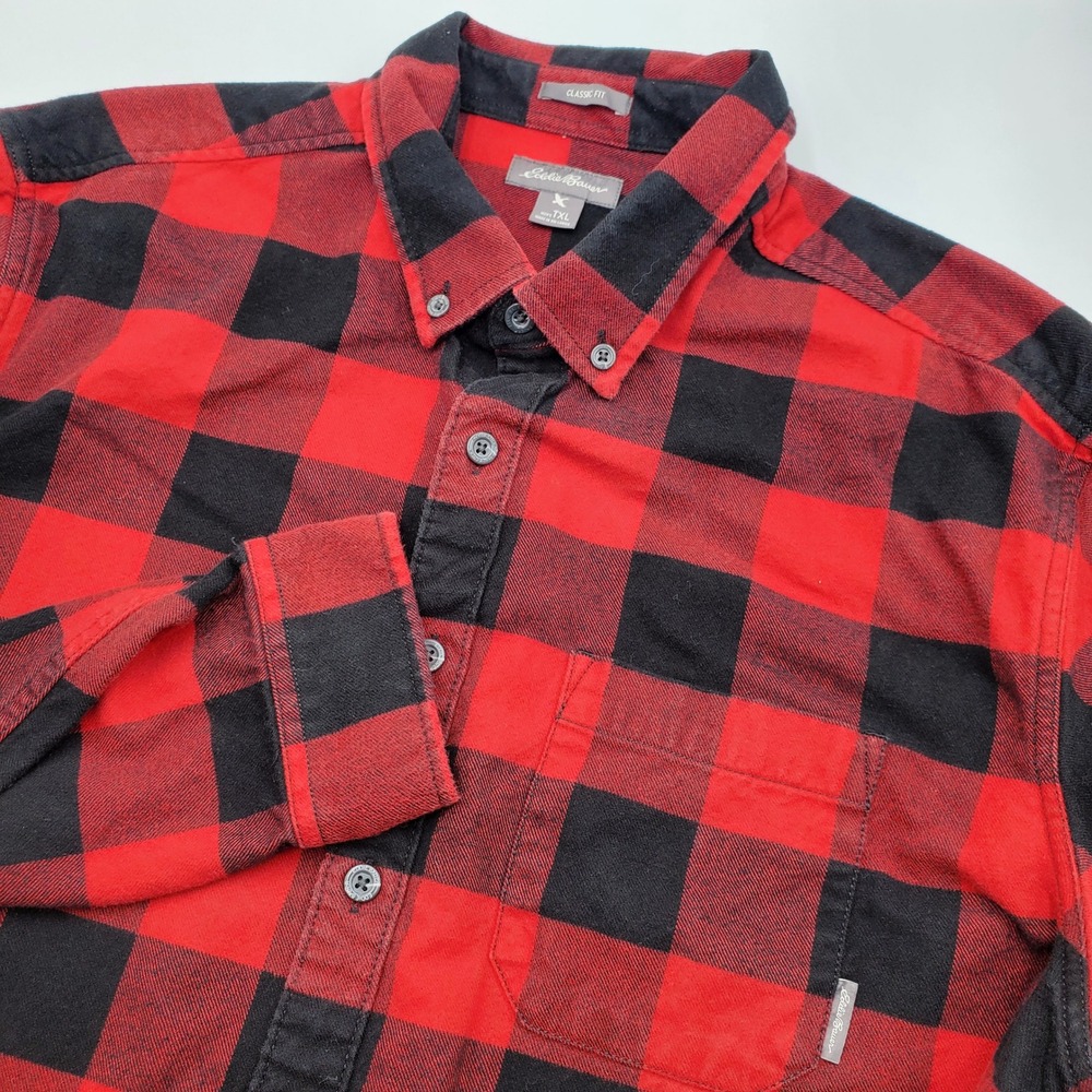Eddie Bauer Mens Tall XL Red Black Buffalo Plaid Flannel Shirt Classic Fit‎